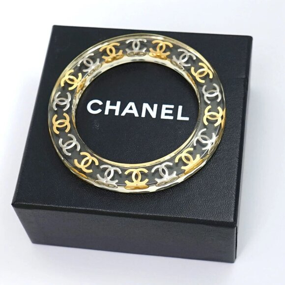 CHANEL CC Logos Clear Lucite Bangle Bracelet 7.8" Gold Tone 97P Auth w/Box #2240 - Picture 7 of 16
